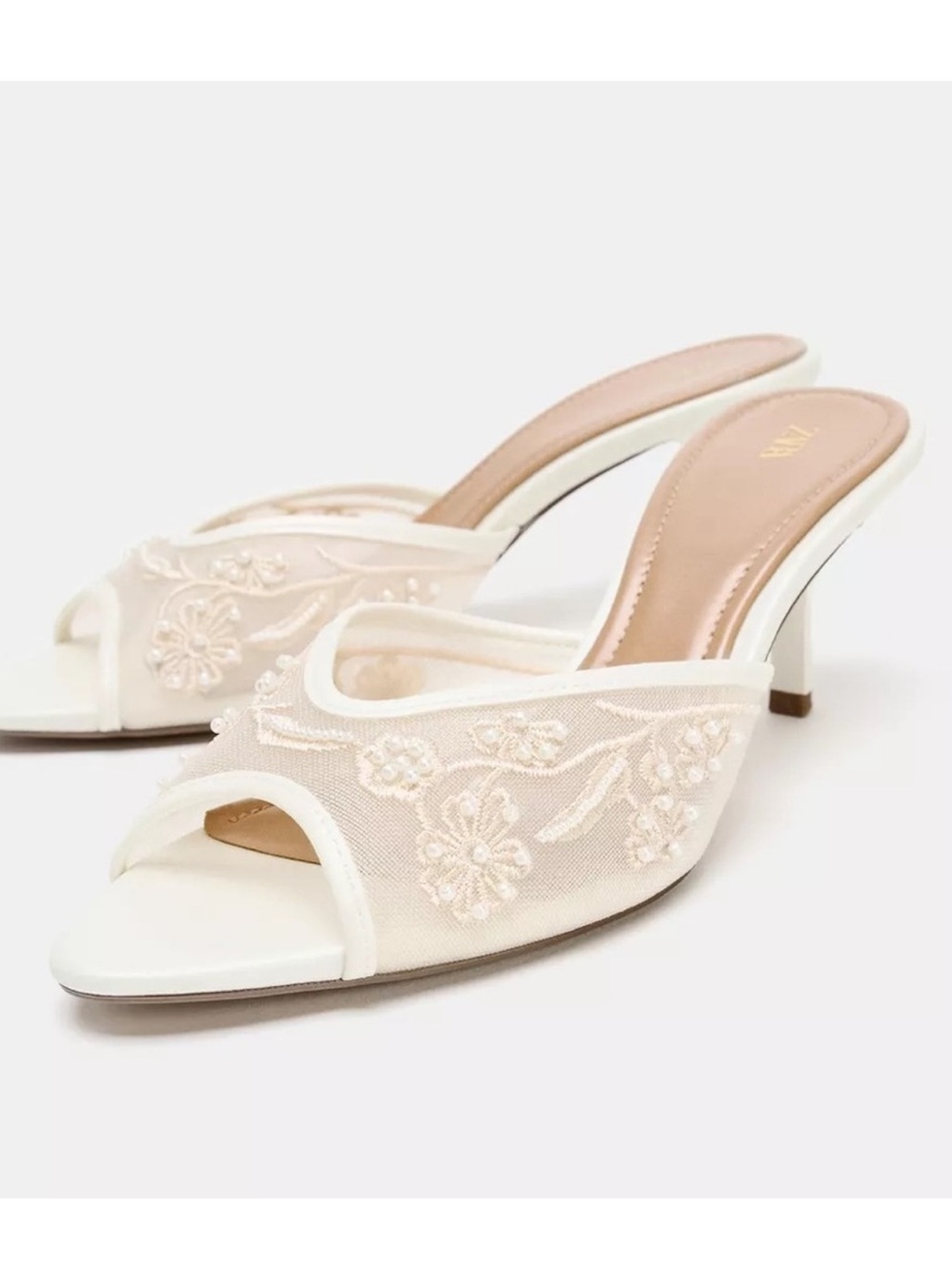 Zara Ivory Open-Toe Embroidered Heeled Mules